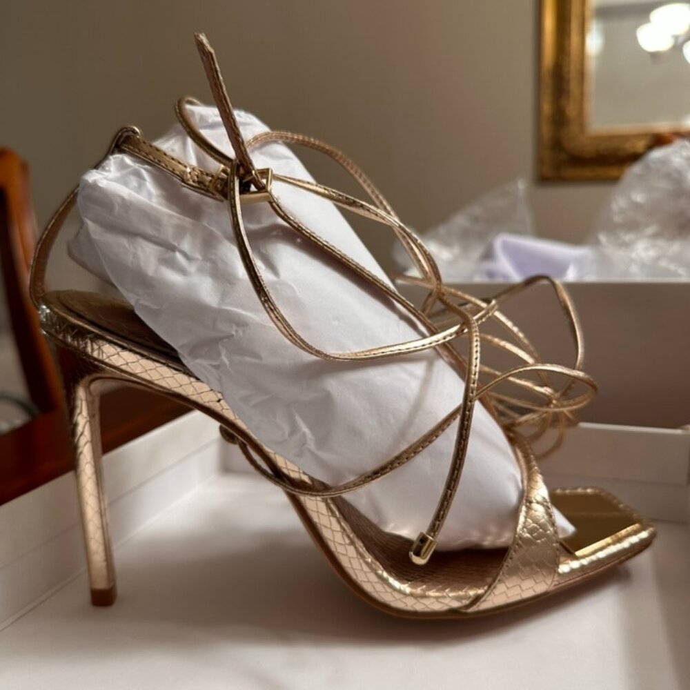 SCHUTZ Vikki Gold lace up Heels NWT